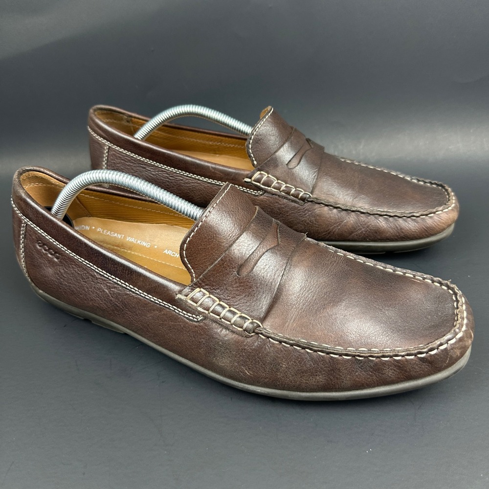 ECCO Mens Brown Leather Penny Loafers Handsewn Driving Shoes Moc 45 US 11-11.5